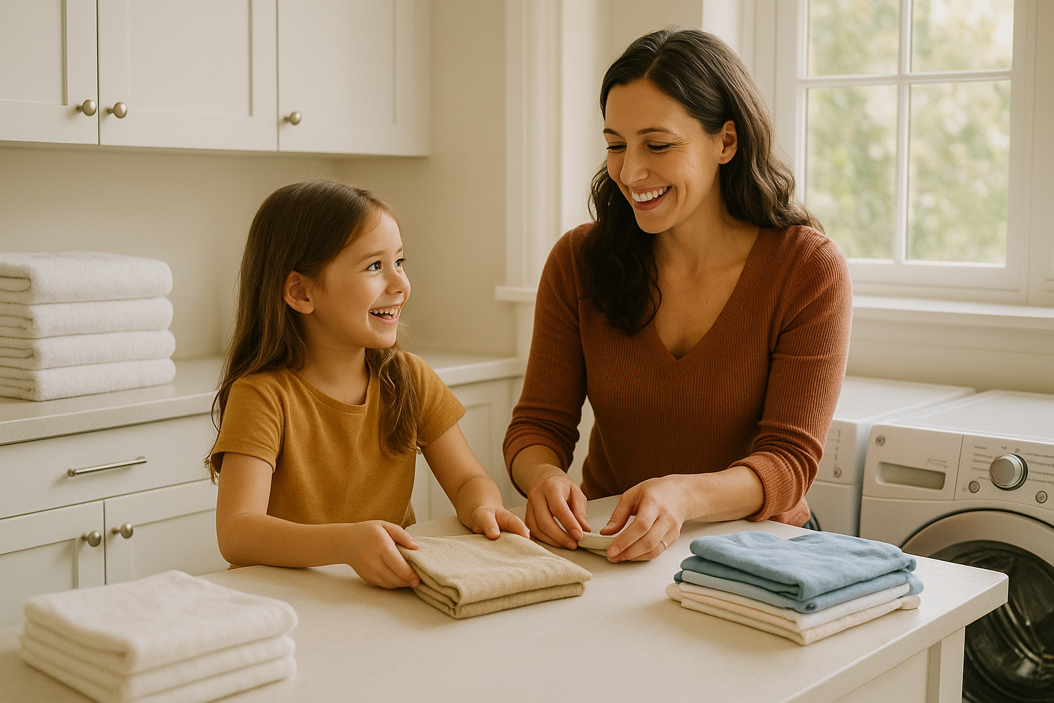 lifestyle image mom daughter in laundry room