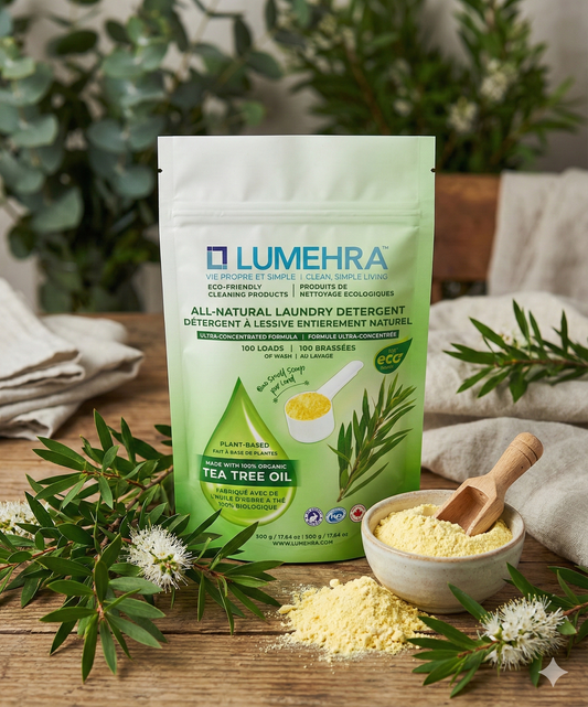 Tea tree leaves with natural tea tree laundry powder in a clean setup.