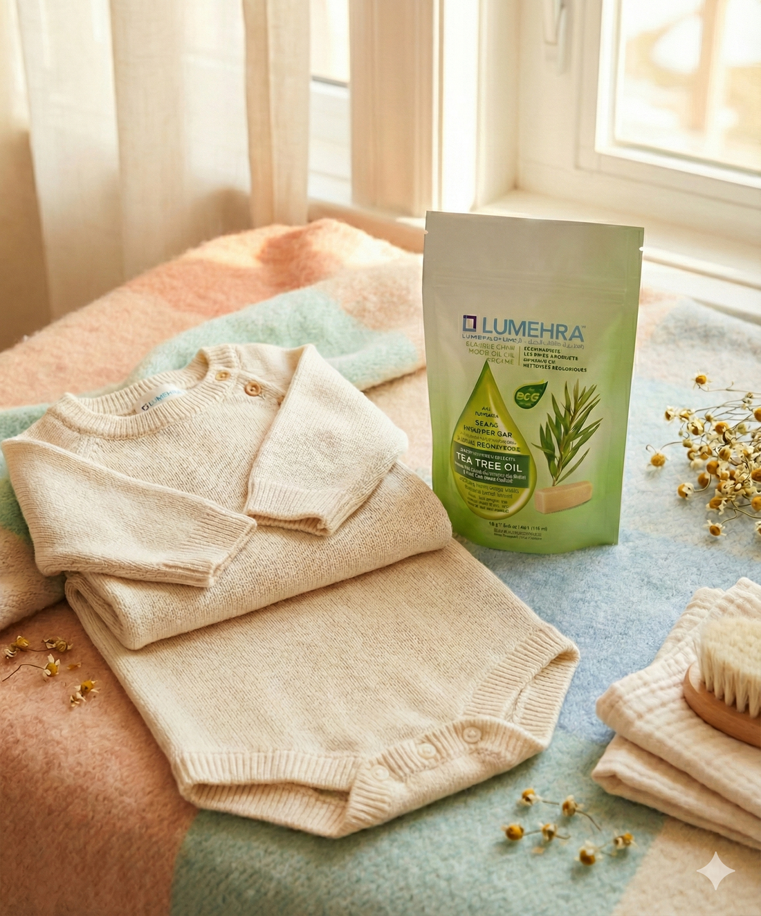 Natural stain remover bar next to lightly stained baby clothes.