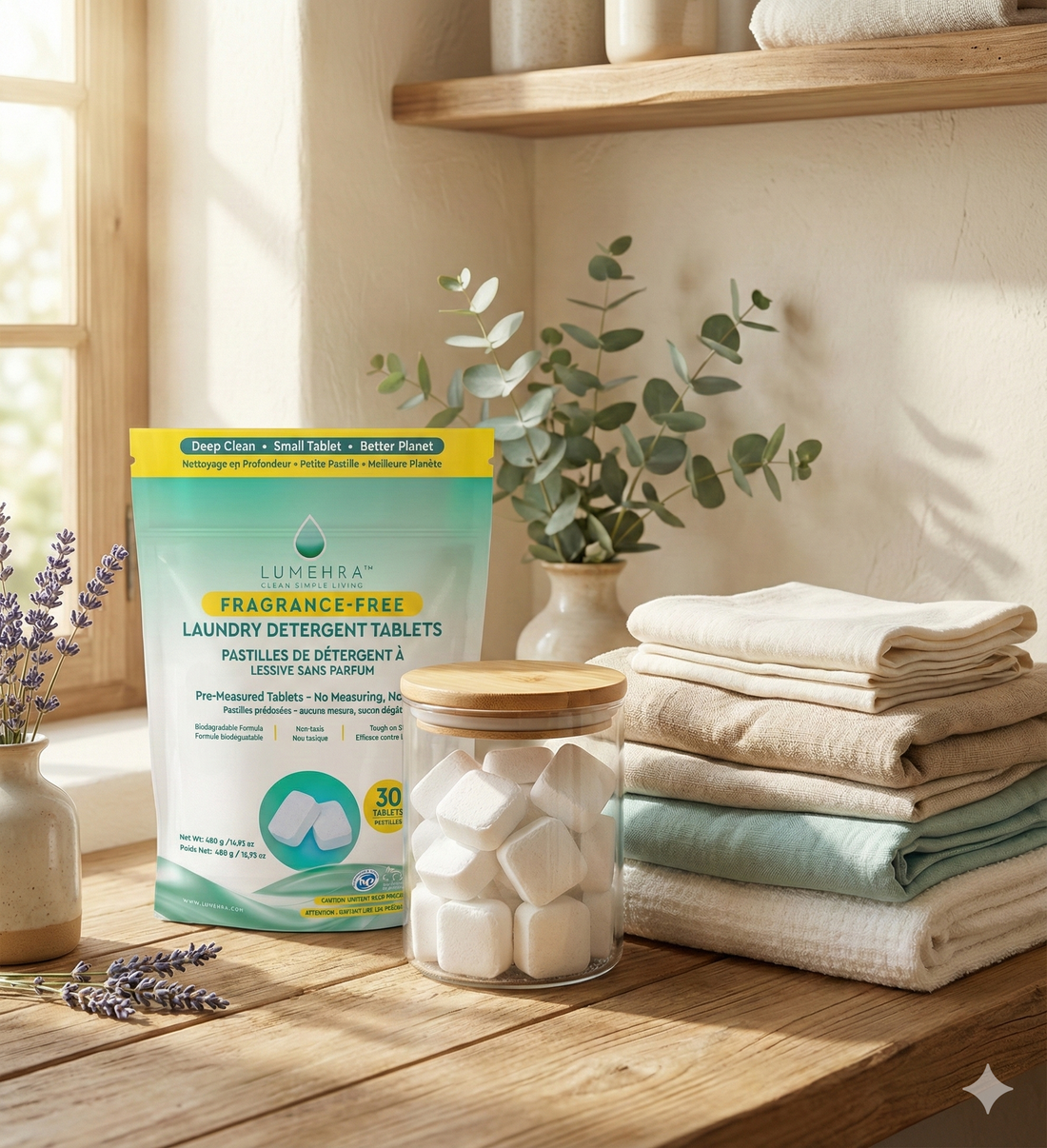 Fragrance-free laundry tablets with soft white linens in a clean, minimal laundry scene.