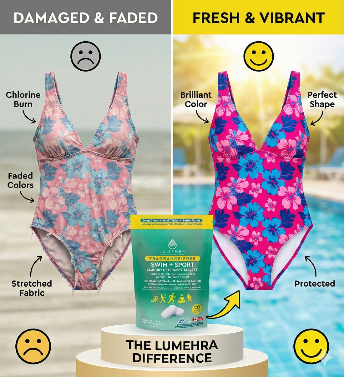 activewear detergent, sport detergent, swim detergent, chlorine removal, odor removal, fragrance free, PVA free, biodegradable, plant based, Canadian made, microplastic free, travel detergent