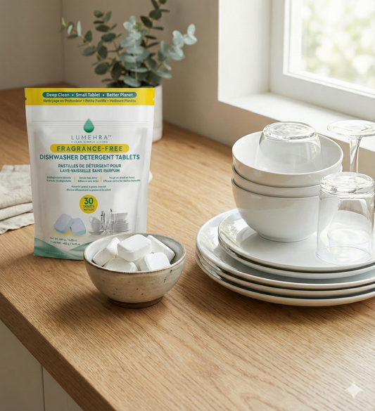 Clean kitchen with sparkling dishes and fragrance-free dishwasher tablets.