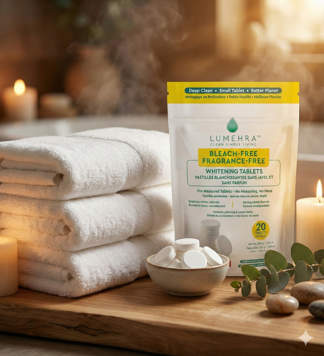 Stack of bright white towels with bleach-free whitening laundry tablets.