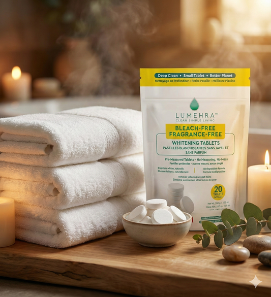 Stack of bright white towels with bleach-free whitening laundry tablets.