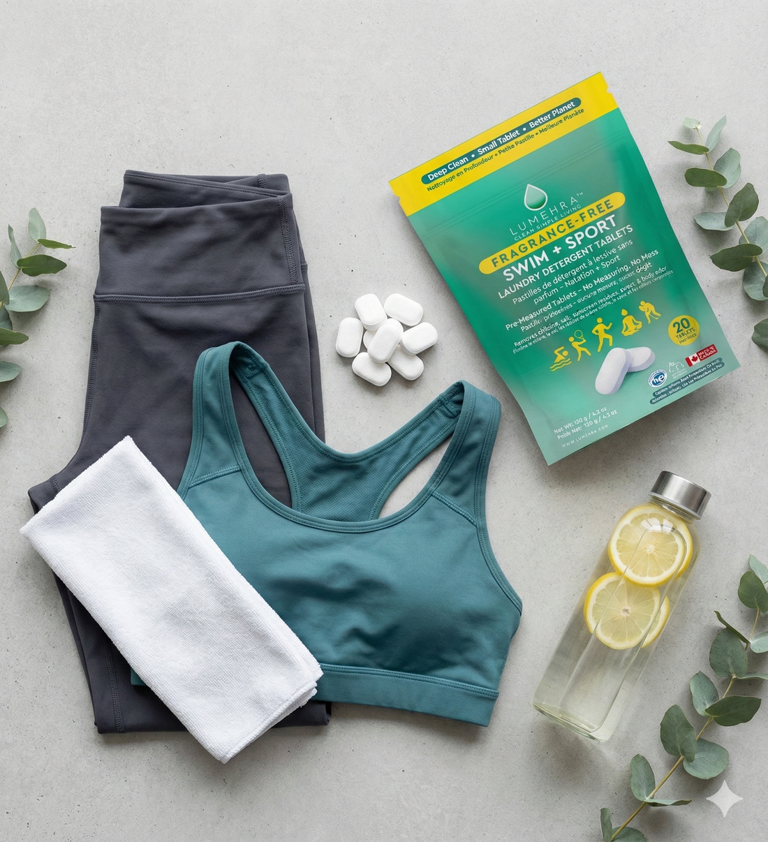 activewear detergent, sport detergent, swim detergent, chlorine removal, odor removal, fragrance free, PVA free, biodegradable, plant based, Canadian made, microplastic free, travel detergent