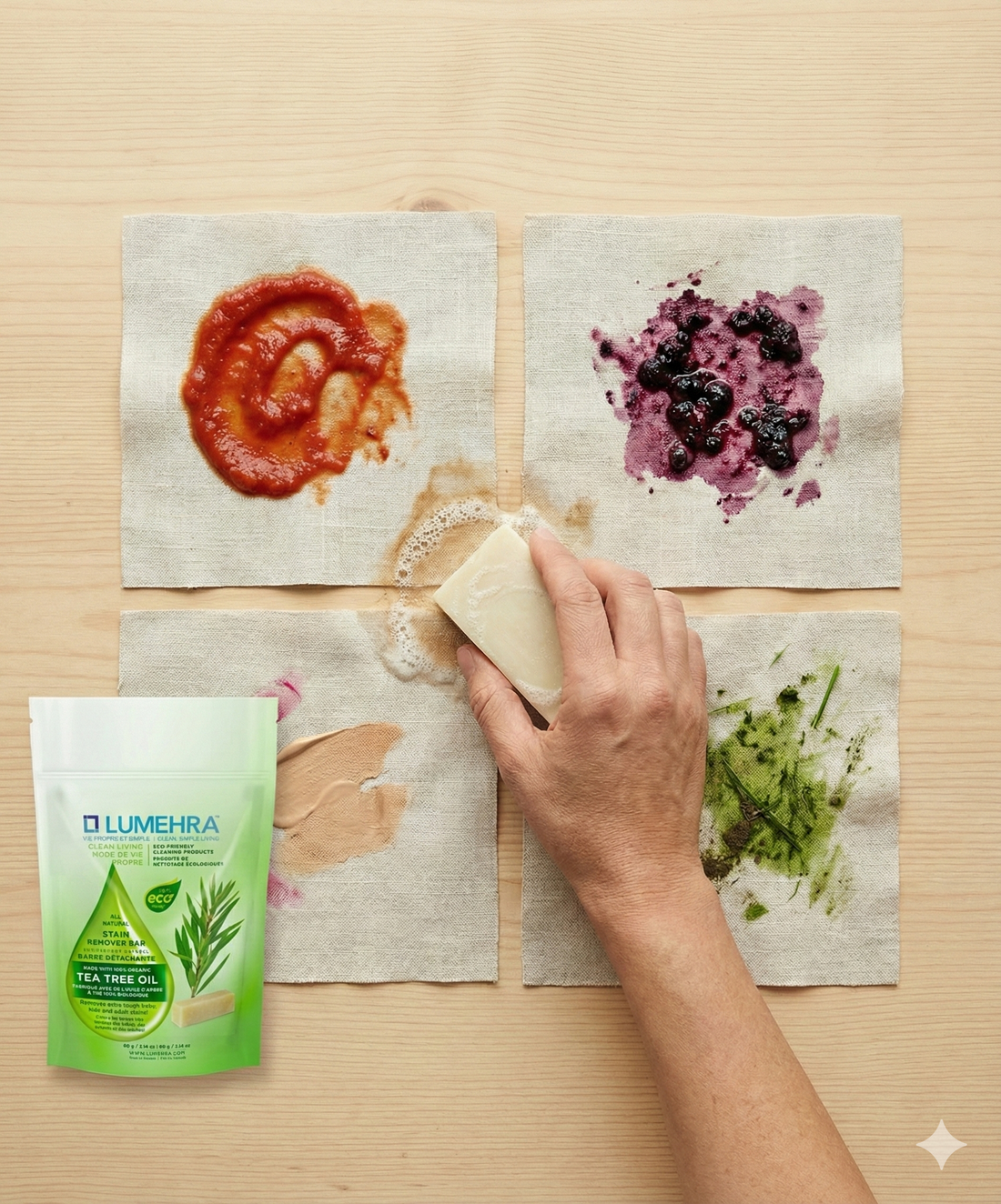 Natural stain remover bar next to lightly stained baby clothes.