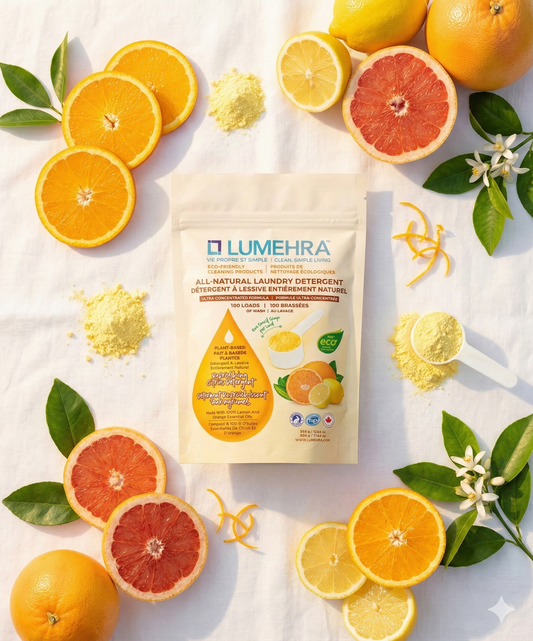 Citrus slices with natural citrus laundry powder on a bright, clean background.