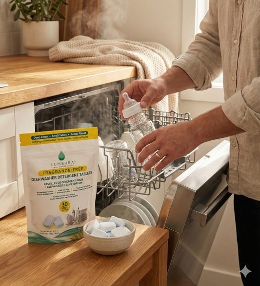 dishwasher tablets, fragrance free, PVA free, plastic free, non toxic, zero residue, eco dishwasher, sensitive skin safe, biodegradable, Canadian made, plant based, microplastic free