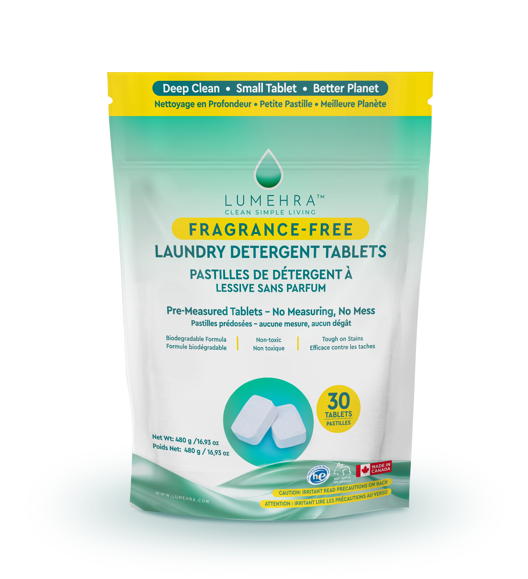 Lumehra fragrance-free laundry detergent tablets in eco-friendly pouch